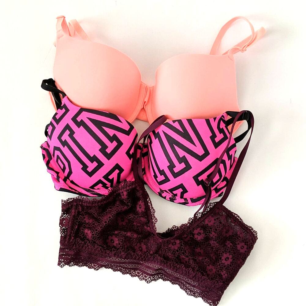 Victoria's Secret Bra Set Neon Pink Logo Spell Out Wear Everywhere T-Shirt 32D